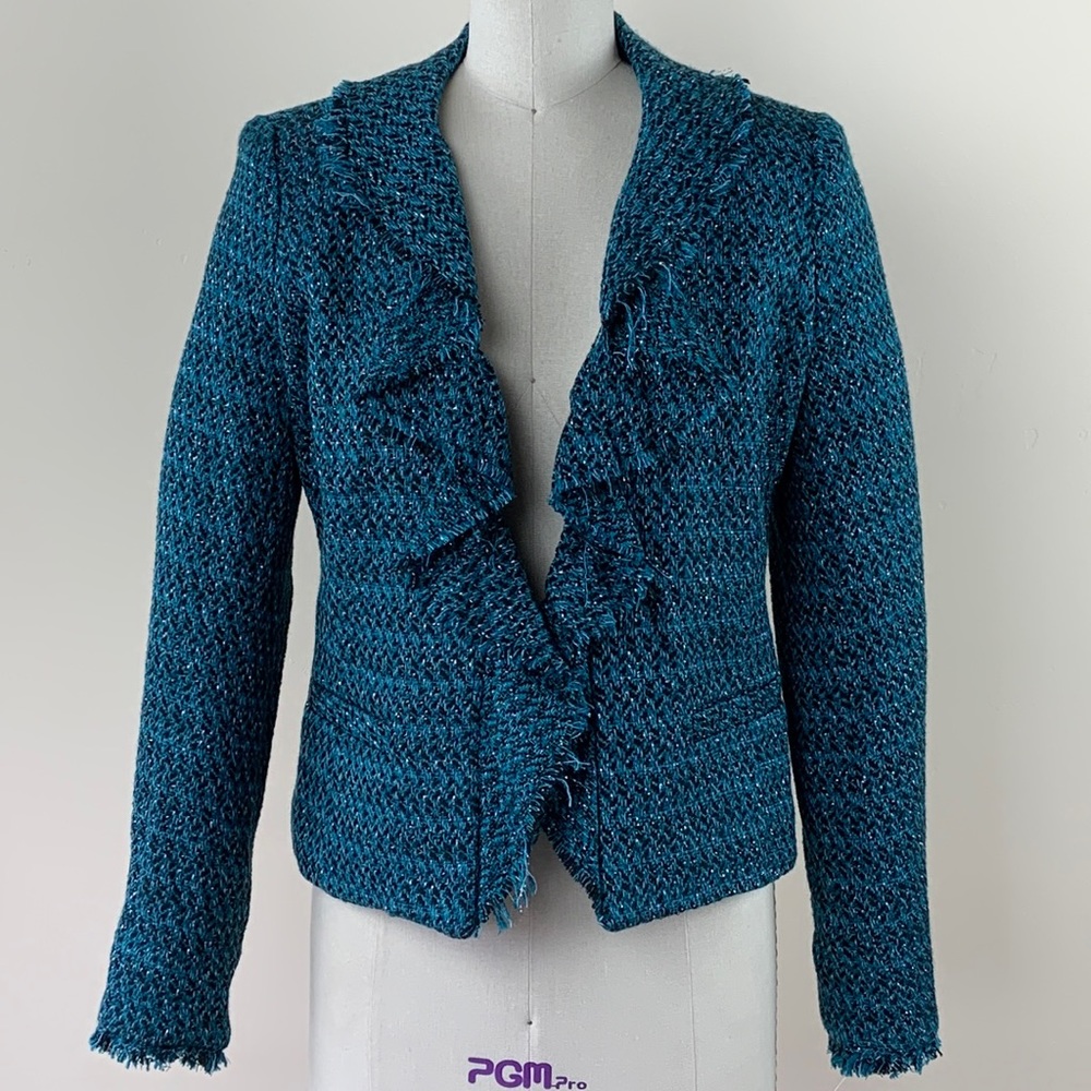 Bellefleur Teal Black Silver Sparkle Metallic Ruffle Fringe Tweed Jacket Blazer